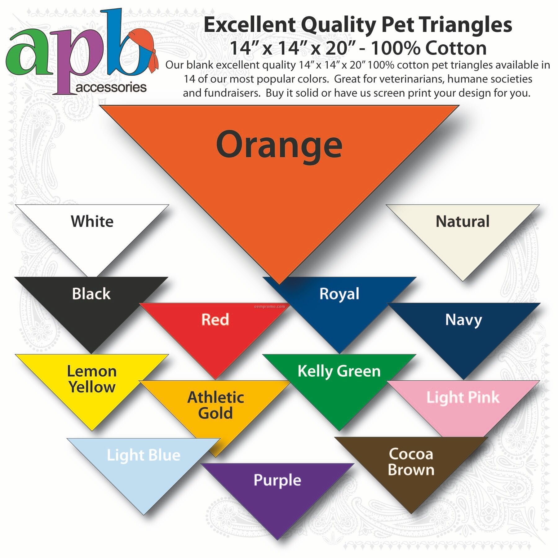 14"X14"X20" Blank Orange Solid Imported 100% Cotton Pet Bandanna