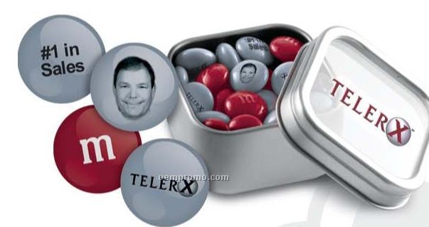 1.6 Oz Silver Tin - Filled With Personalized M&M's