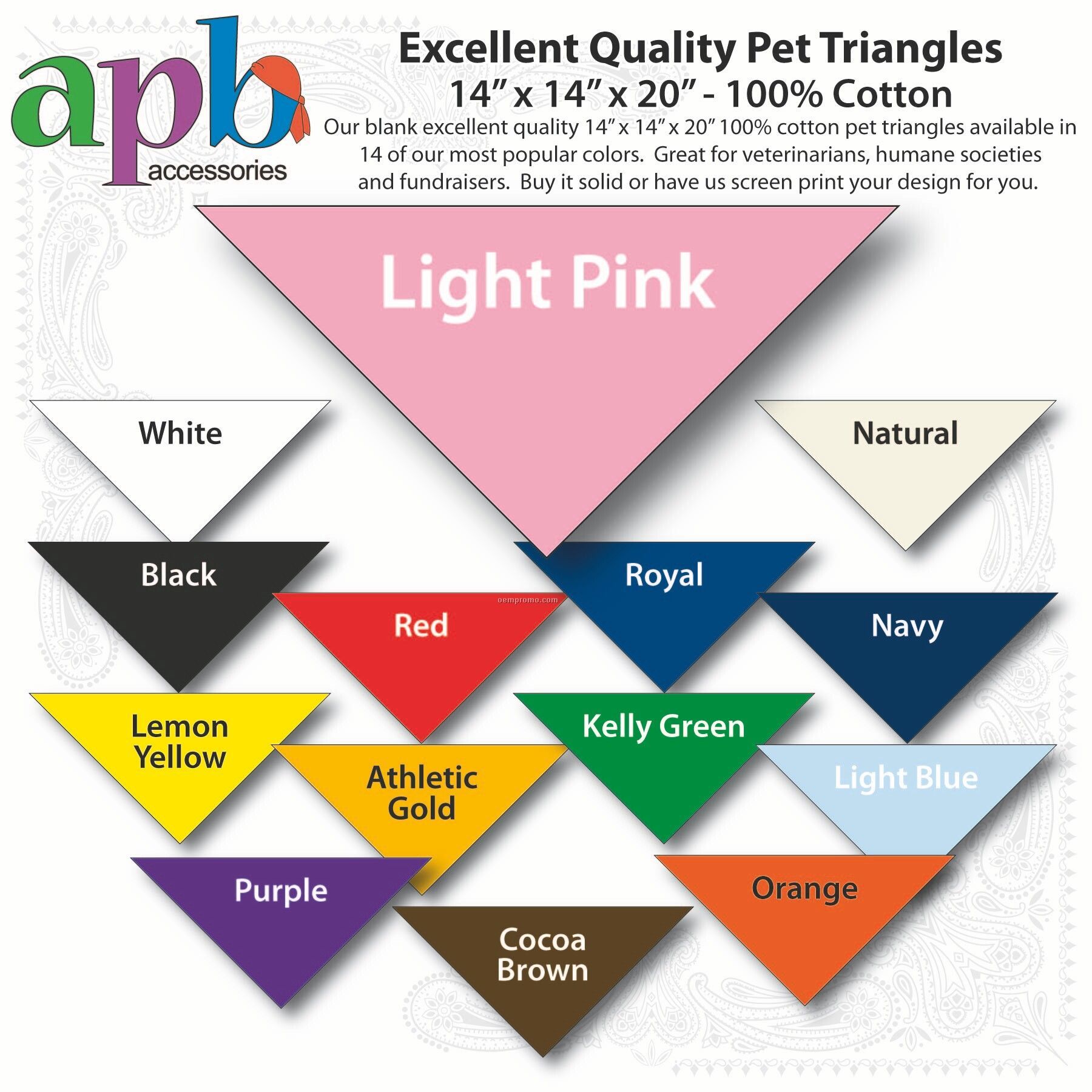 14"X14"X20" Blank Light Pink Solid Imported 100% Cotton Pet Bandanna