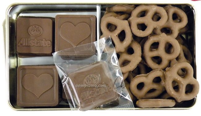 16 Chocolates & Chocolate Covered Pretzels In Tin Container