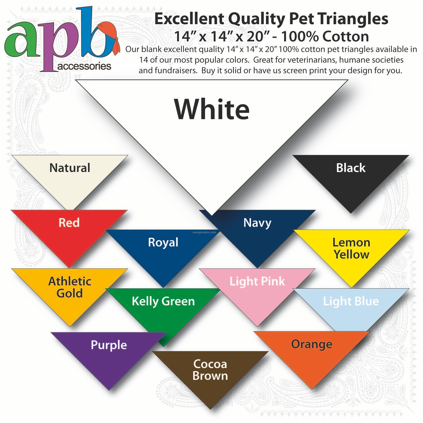 14"X14"X20" Blank White Solid Imported 100% Cotton Pet Bandanna