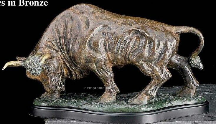 The Bull Bronze Sculpture On Wood Base