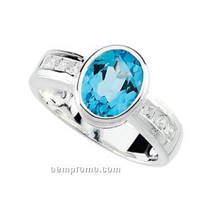 Sterling Silver Genuine Swiss Blue Topaz And Cz Ring