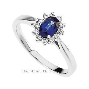 Ladies' 14kw 6x4 Genuine Blue Sapphire & 1/5 Ct Tw Diamond Round Ring
