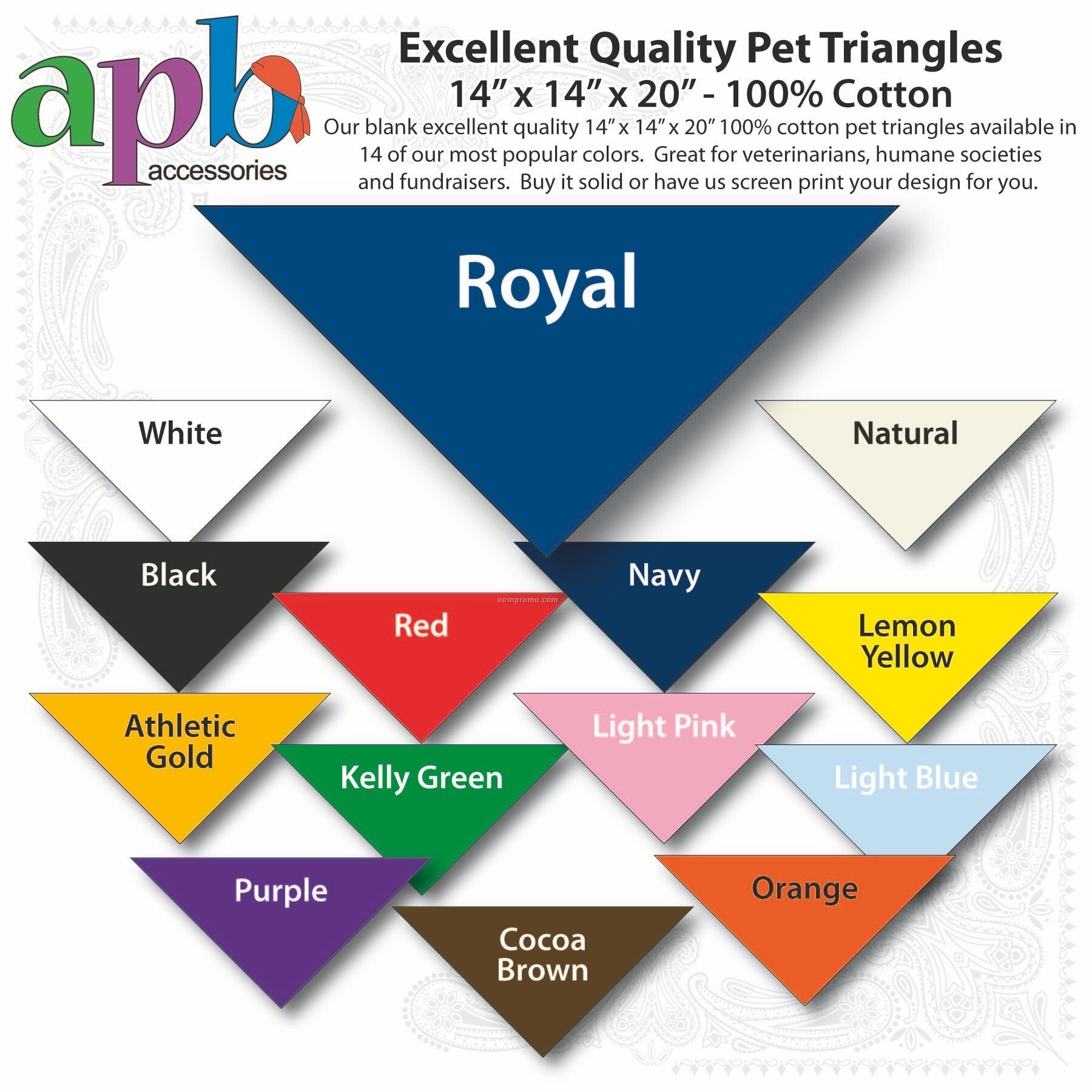 14"X14"X20" Blank Royal Solid Imported 100% Cotton Pet Bandanna