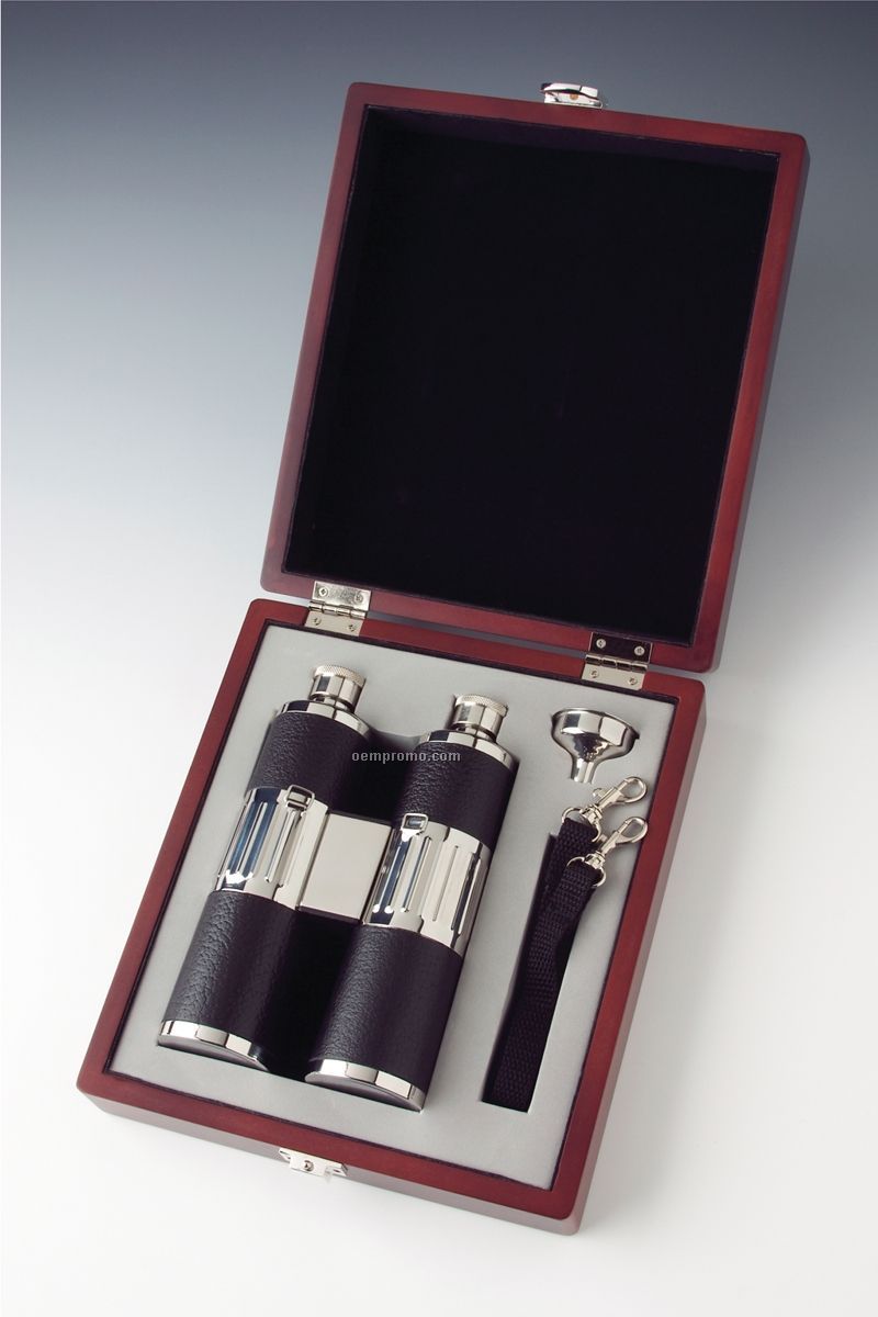 Binoculars Flask Set In Wood Box