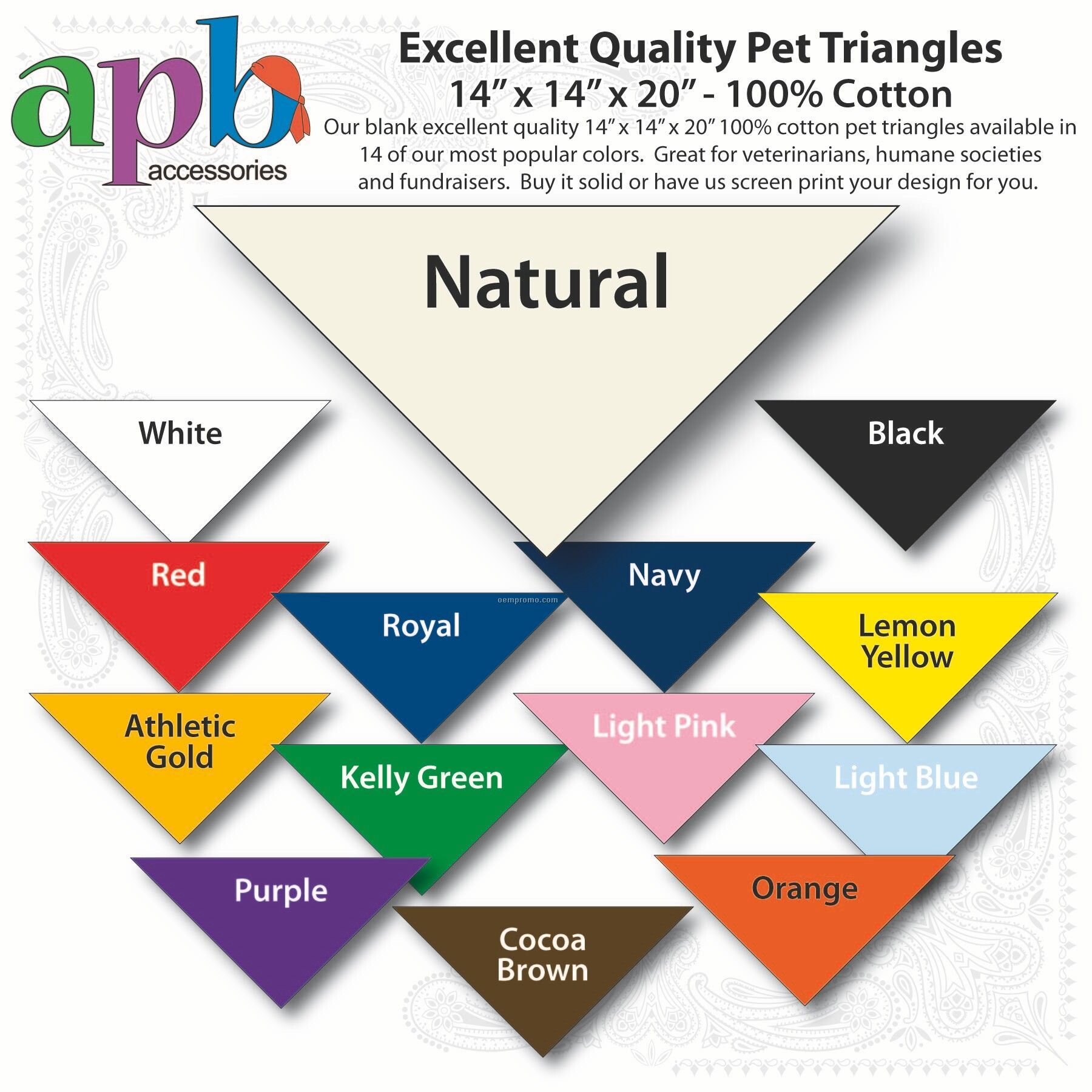 14"X14"X20" Blank Natural Solid Imported 100% Cotton Pet Bandanna