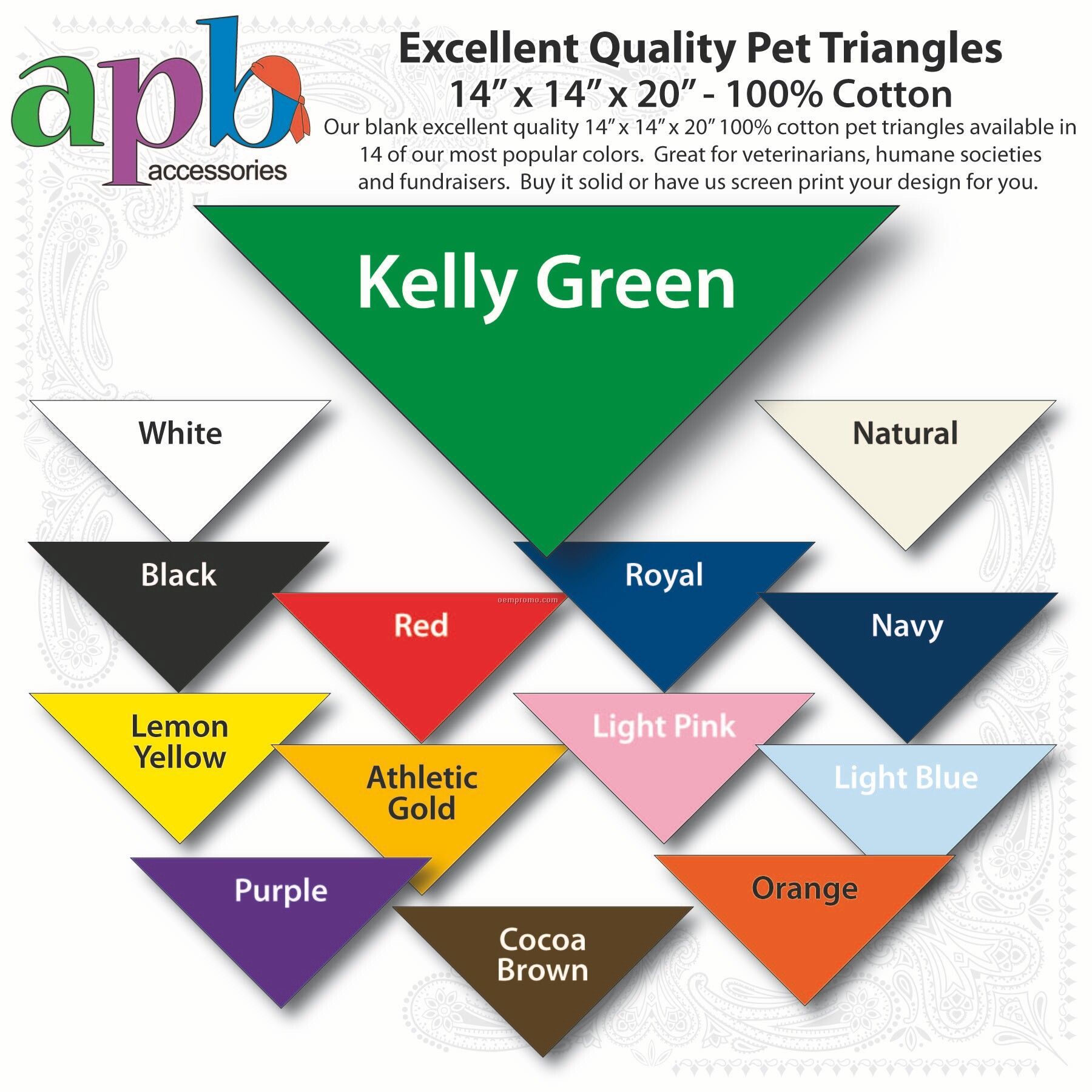 14"X14"X20" Blank Kelly Green Solid Imported 100% Cotton Pet Bandanna