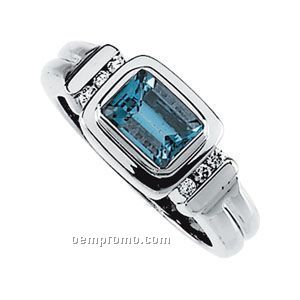 Ladies' 14kw 7x5 Genuine Aquamarine & 1/10 Ct Tw Diamond Round Ring