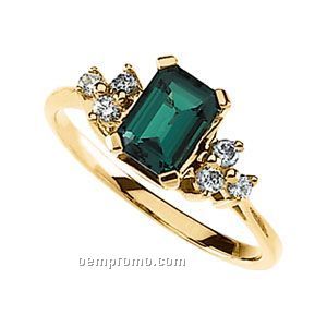 14ky 7x5 Chatham Created Emerald & 1/6 Ct Tw Diamond Round Ring