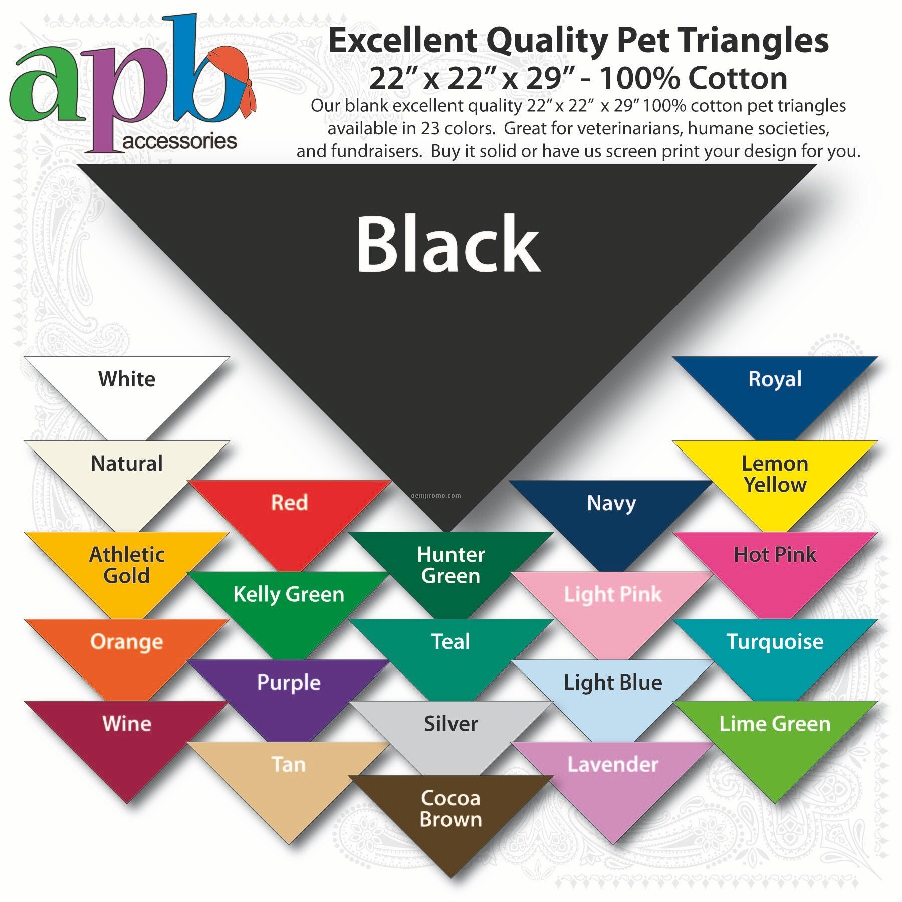 22"X22"X29" Blank Black Solid Imported 100% Cotton Pet Bandanna