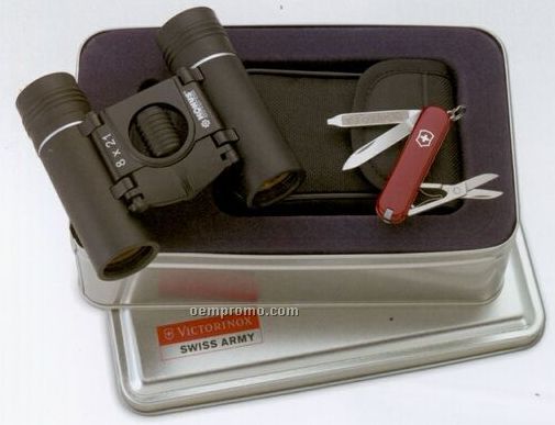 Swiss Army Classic Sd Knife W/ 8x21 Compact Binoculars Set