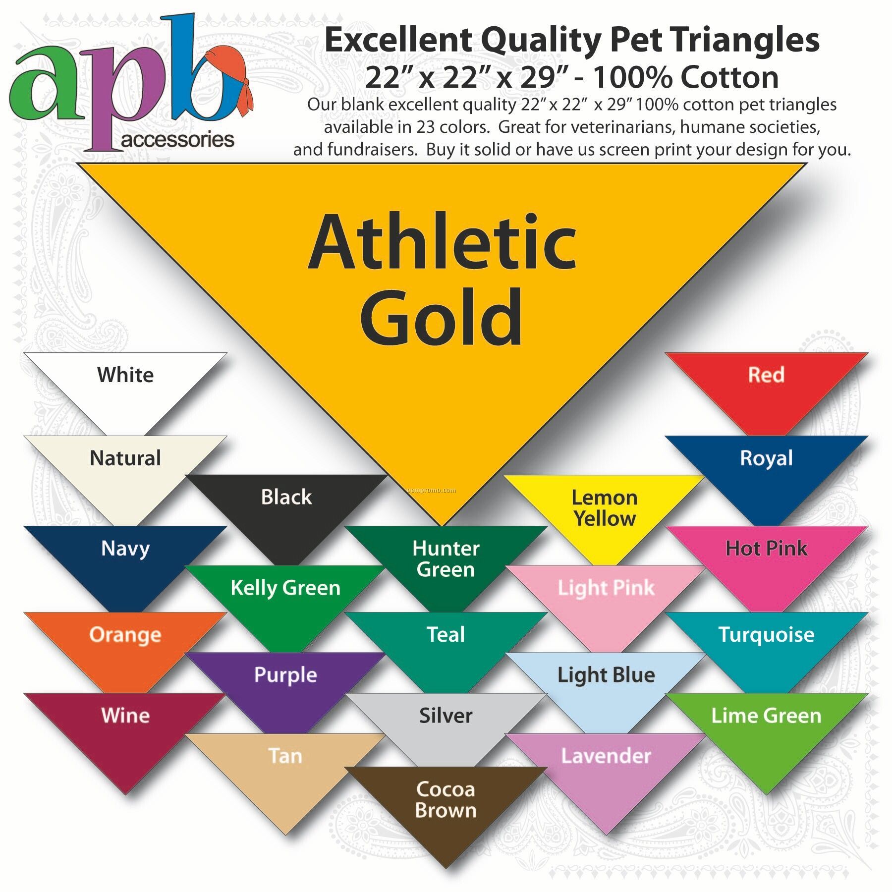 22"X22"X29" Blank Athletic Gold Solid Imported 100% Cotton Pet Bandanna