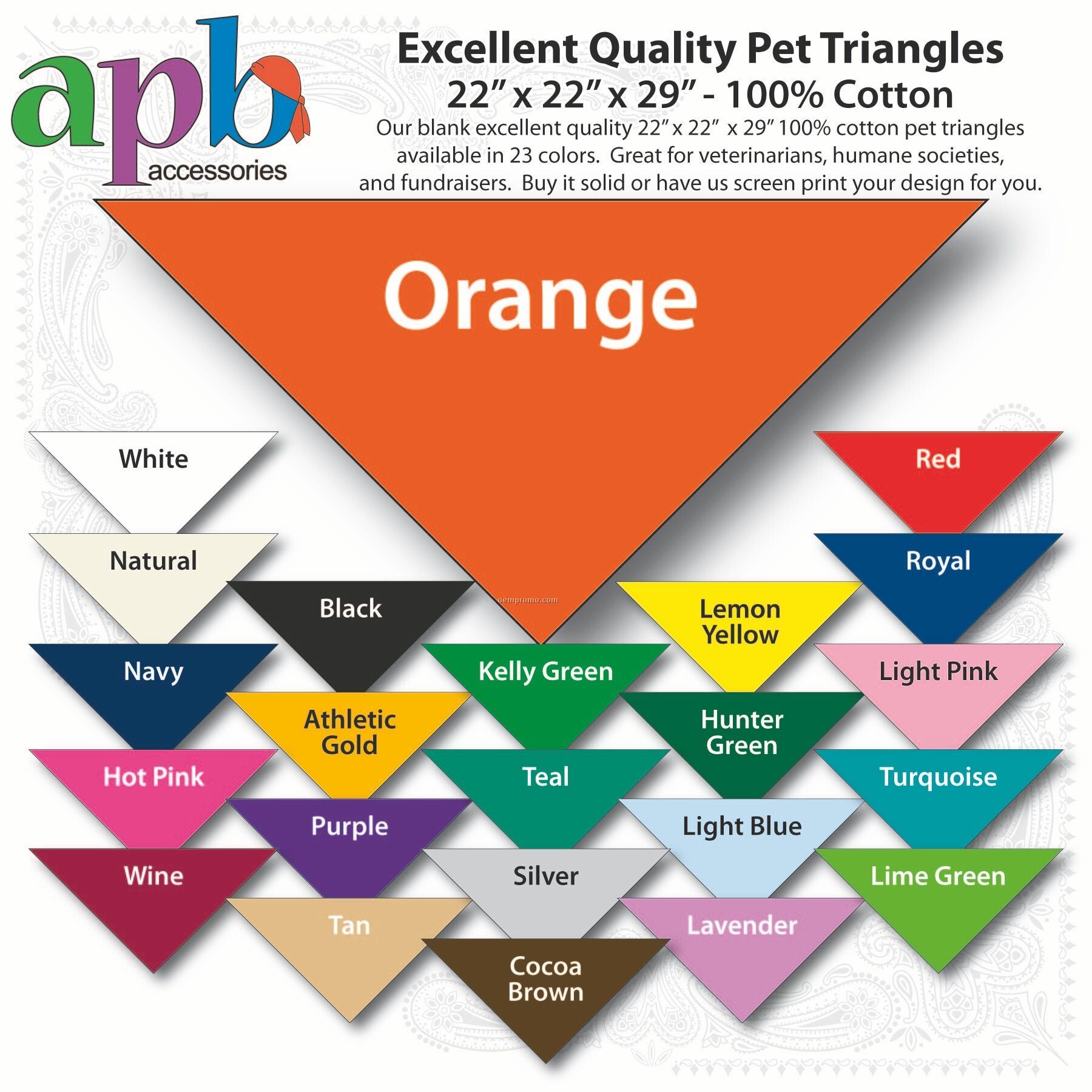 22"X22"X29" Blank Orange Solid Imported 100% Cotton Pet Bandanna