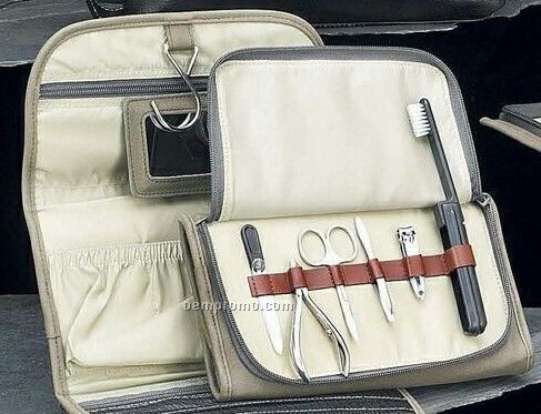 Manicure & Toiletry Bag W/ Hanger In Ultra Suede & Leather Case