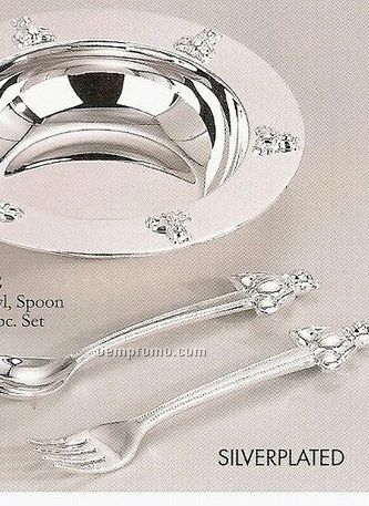 Silver Plated Bear Baby Feeding Bowl, Spoon & Fork Set
