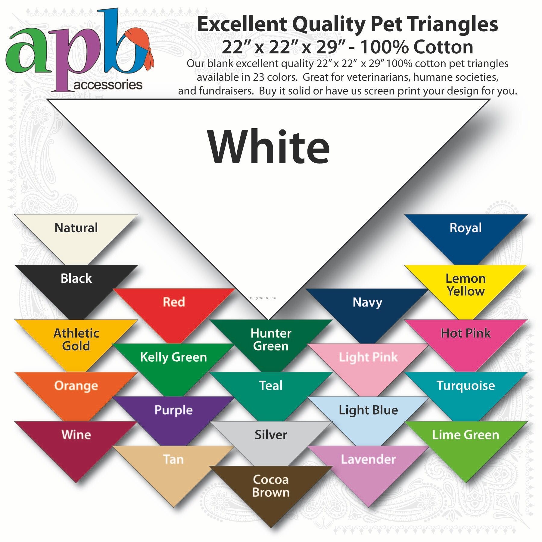 22"X22"X29" Blank White Solid Imported 100% Cotton Pet Bandanna