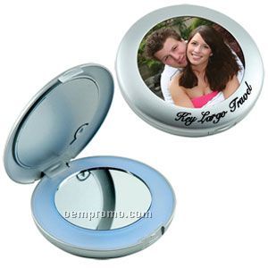 Round Lighted Compact Mirror W/ Photo Insert - Silver