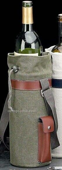 Green Canvas & Brown Leather Insulated Wine Caddy W/ Corkscrew