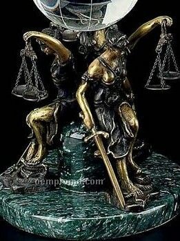 Bronze Seated Lady Justice Sculpture & Ball Holder On Marble Base