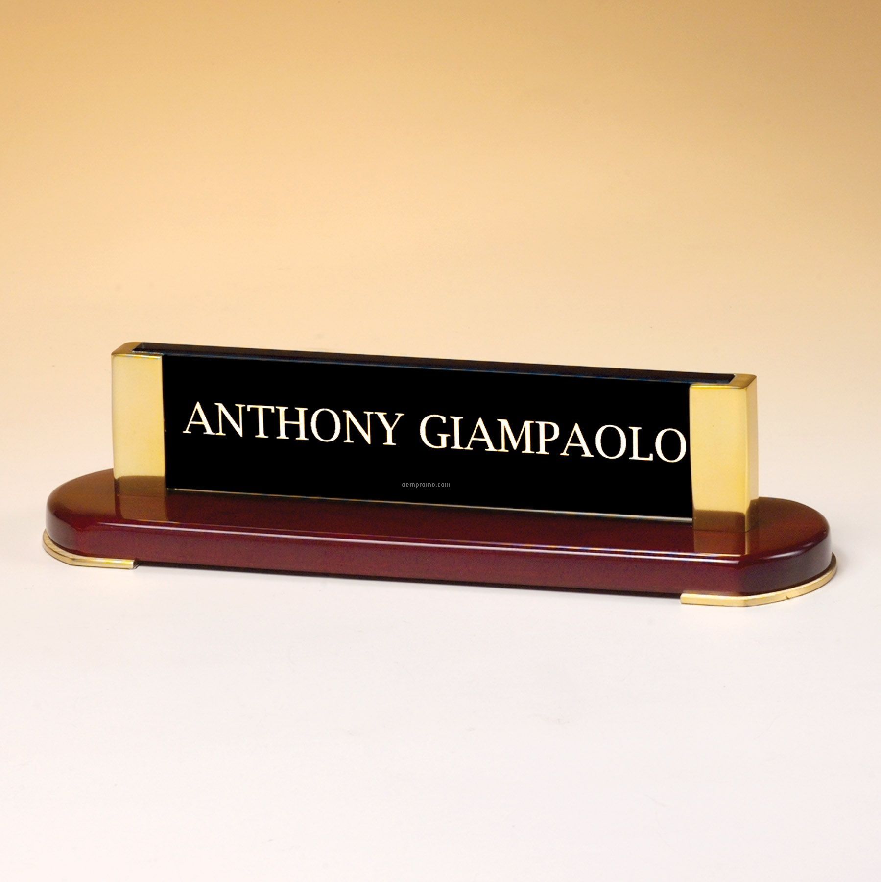 Rosewood Finish Name Plate W/ Gold Metal Accents & Glass Upright