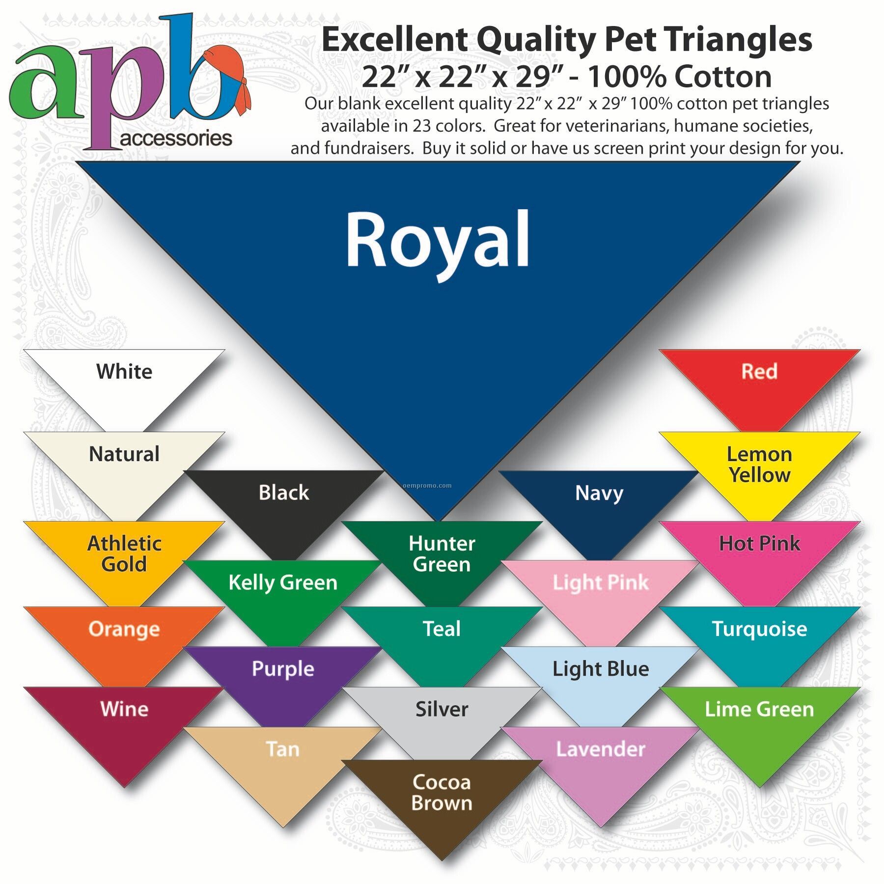 22"X22"X29" Blank Royal Solid Imported 100% Cotton Pet Bandanna