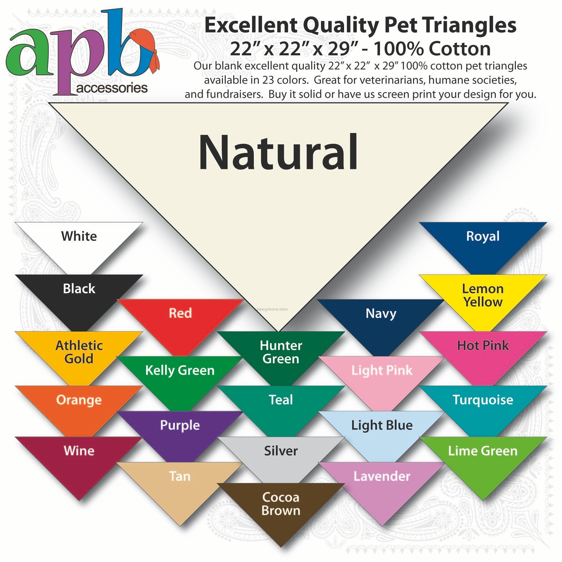 22"X22"X29" Blank Natural Solid Imported 100% Cotton Pet Bandanna