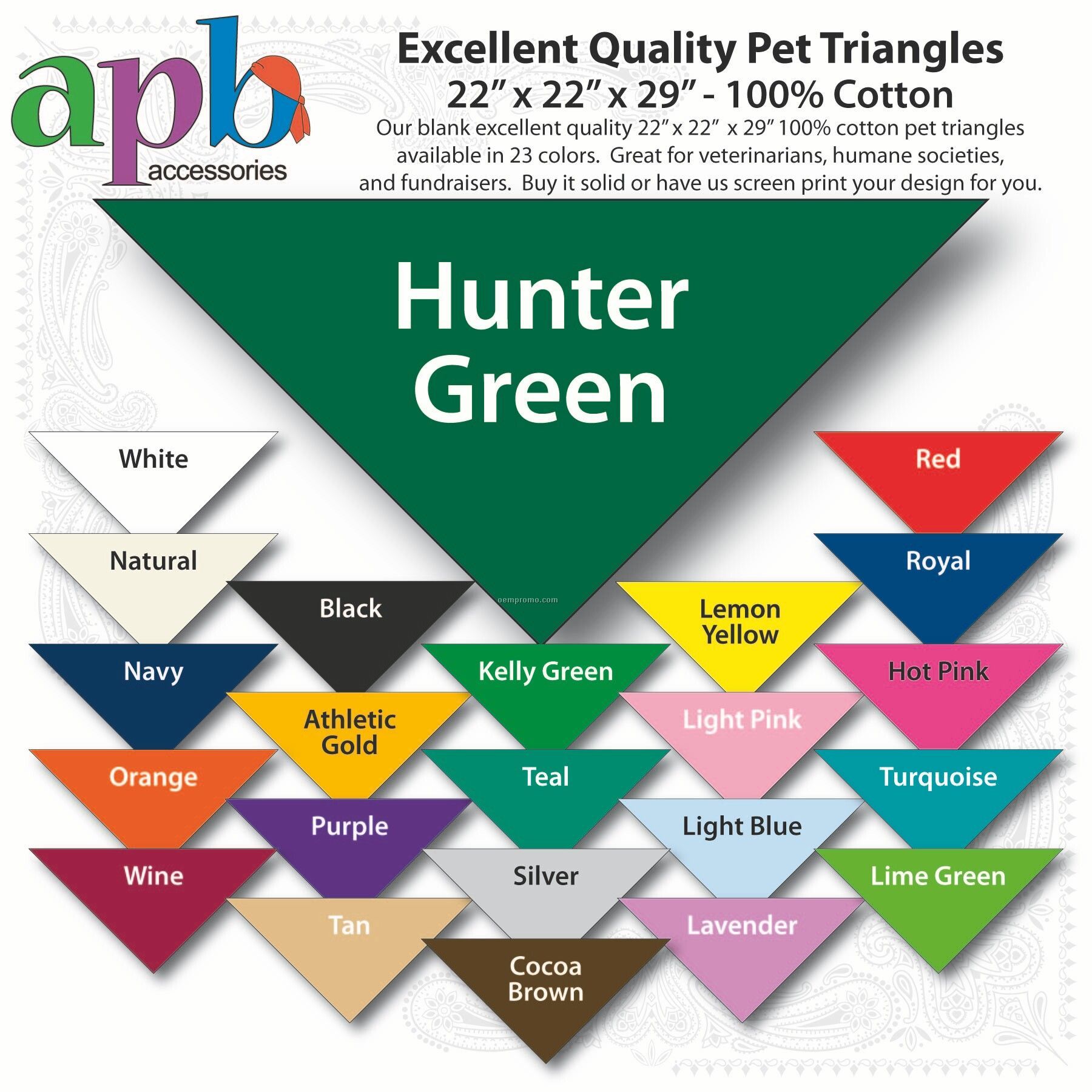 22"X22"X29" Blank Hunter Green Solid Imported 100% Cotton Pet Bandanna