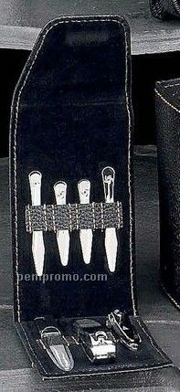 7 Piece Manicure Set W/ Black Leather Case & Collar Stays