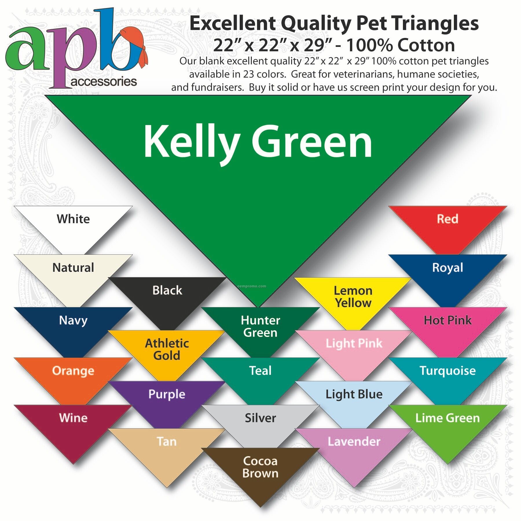 22"X22"X29" Blank Kelly Green Solid Imported 100% Cotton Pet Bandanna