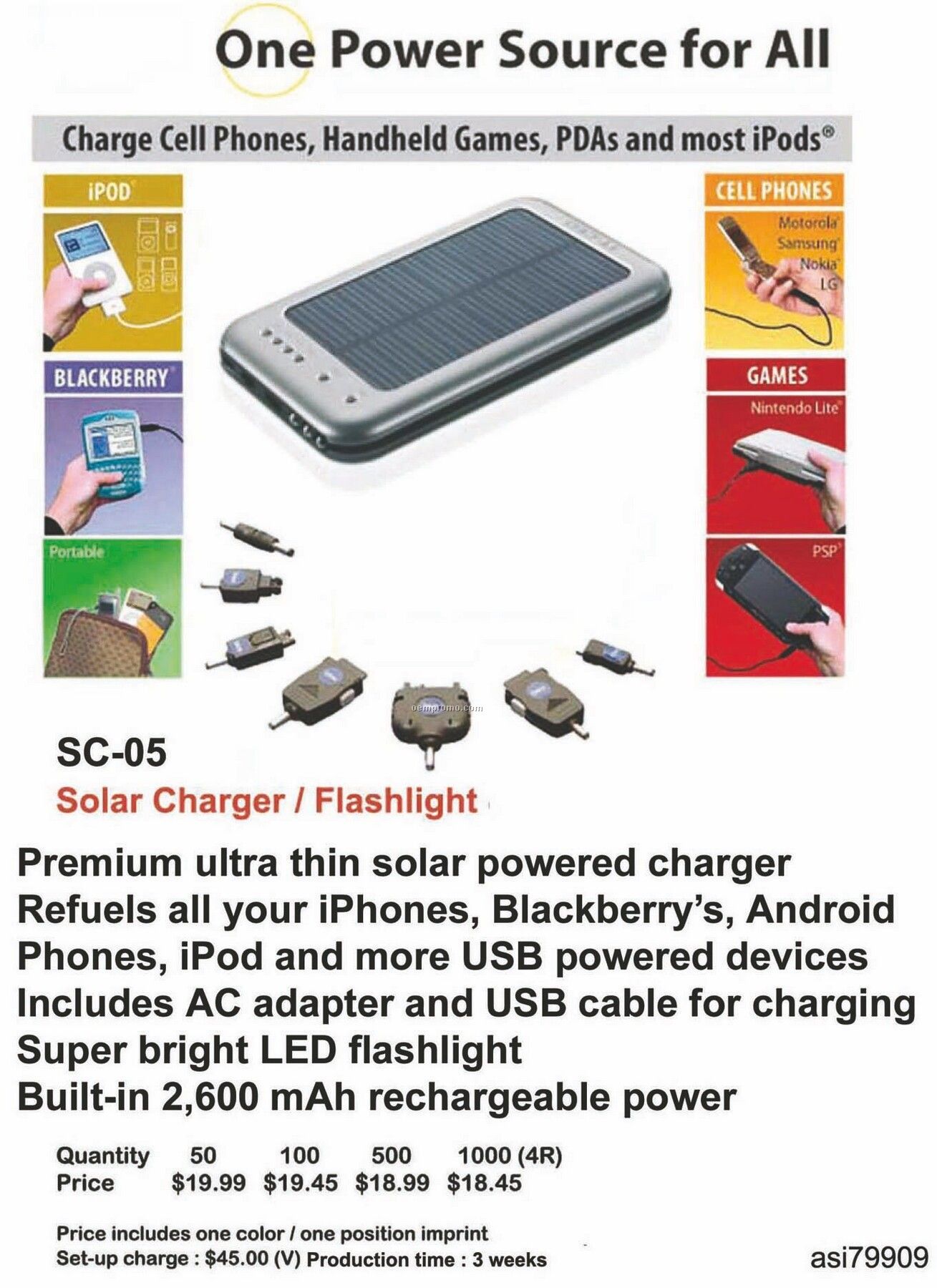 Solar Charger, Flashlight For Iphone, Ipod, Blackberry, Android