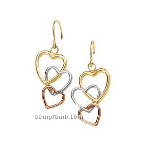 14k Tri Color Heart Dangle Earrings