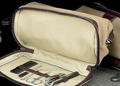 Brown Leather & Ultra Suede Travel Bag W/ 6 Piece Manicure Set
