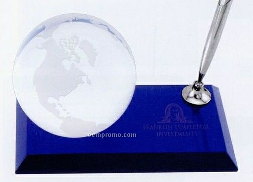 3" Globe Desk Award With Pen On Blue Glass Base
