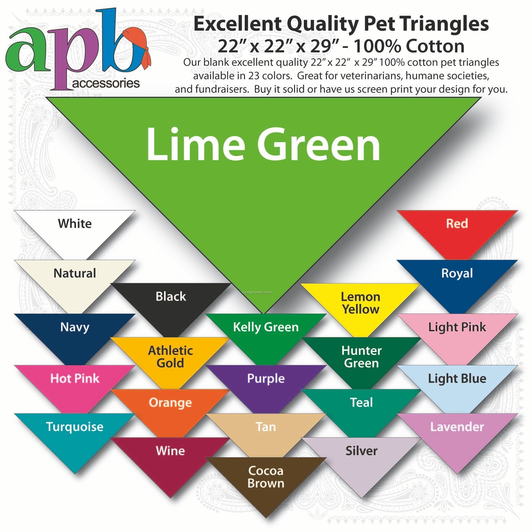 22"X22"X29" Blank Lime Green Solid Imported 100% Cotton Pet Bandanna