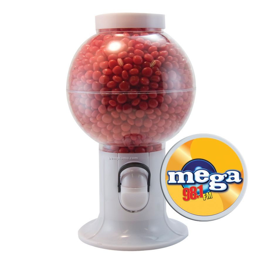 White Gumball Machine Filled With Cinnamon Red Hots