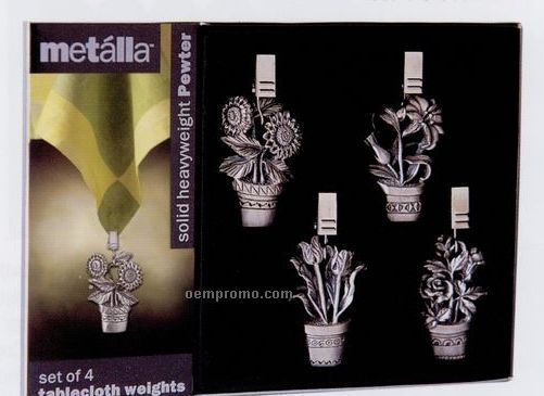 Metalla Pewter 4 Piece Potted Flowers Tablecloth Weights Set
