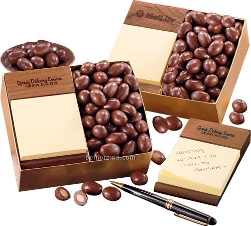 Walnut Post-it Note Holder W/ Milk Chocolate Almonds