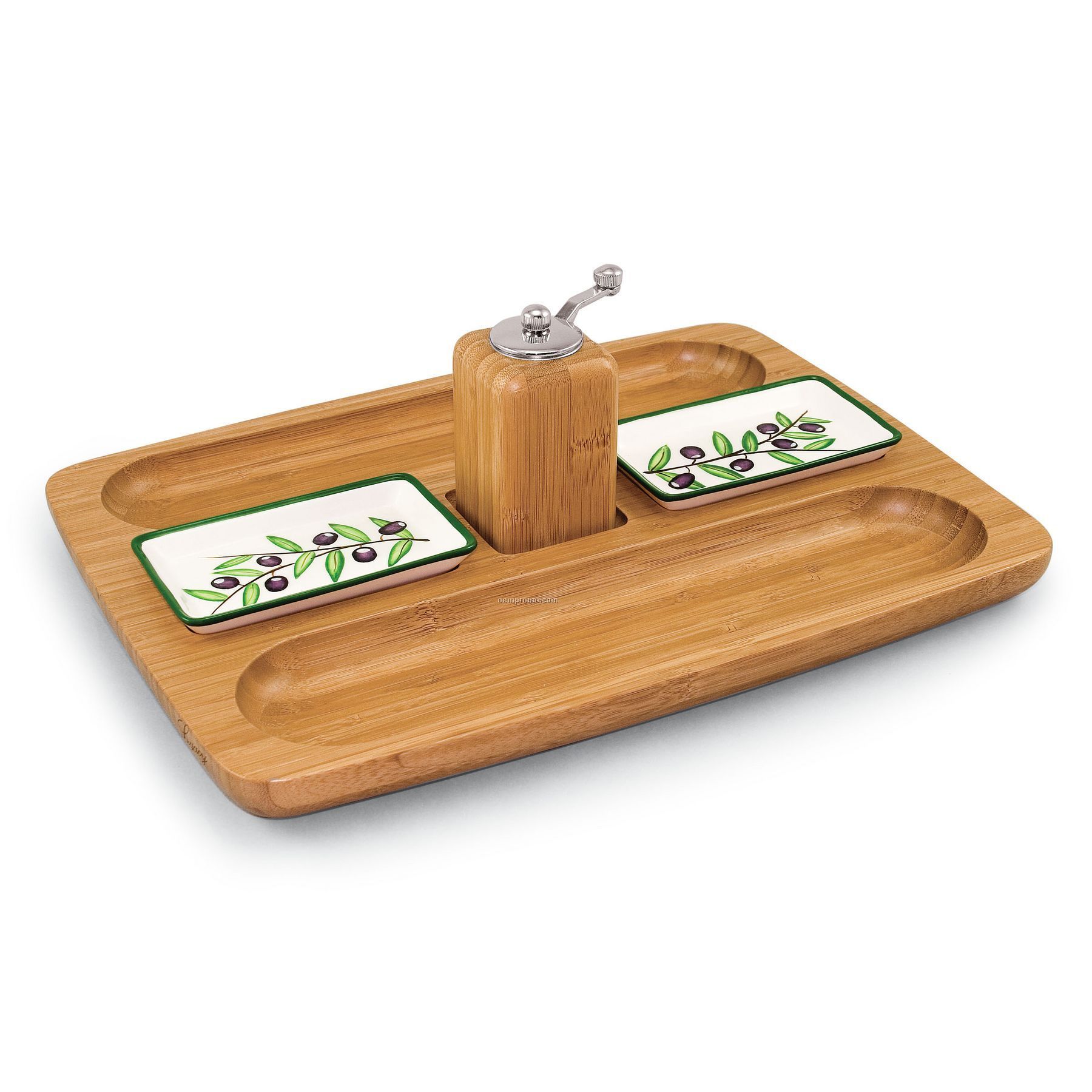 Tuscano Rectangular Bamboo Serving Tray W/ 2 Ceramic Dishes & Pepper Mill