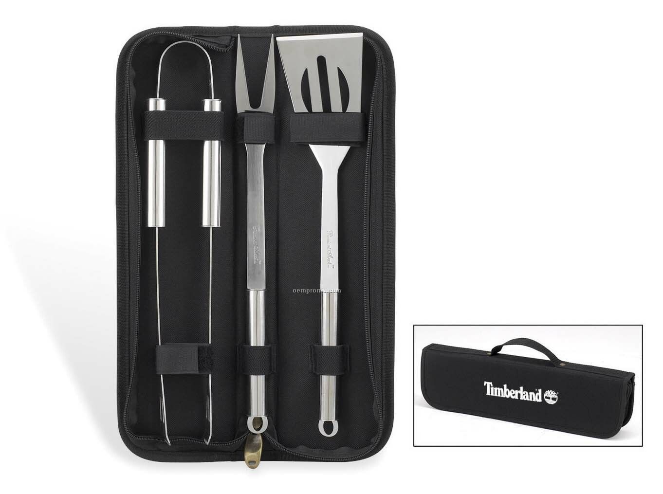 3-piece Barbecue Tool Set With Spatula, Fork & Tongs In Carry Case