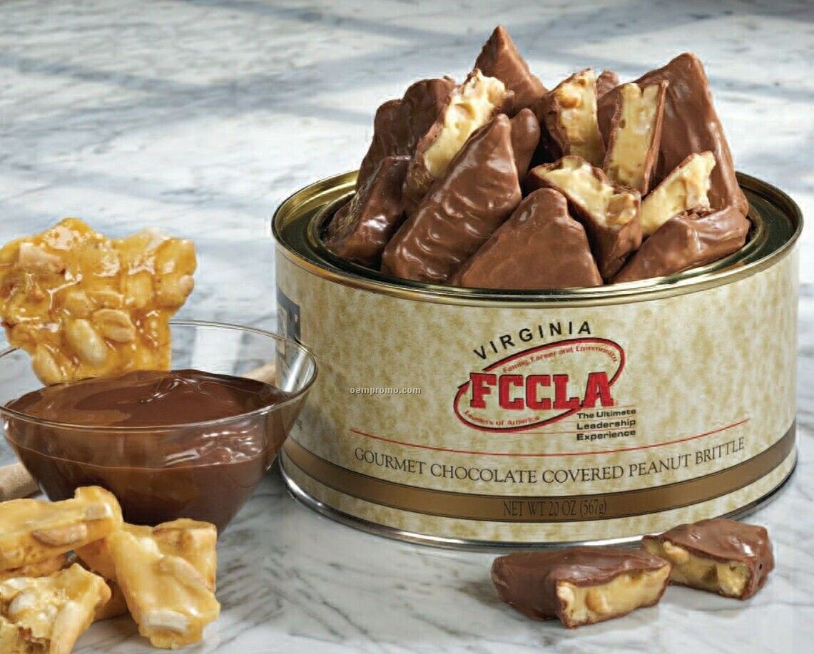 Chocolate Covered Peanut Brittle In Tin W/ Holiday Label & Sticker 20 Oz.