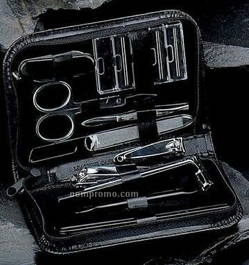 10 Piece Manicure & Shave Set W/ Scissors & Black Leather Case