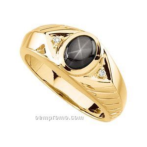 14ky 8x6 Genuine Black Star Sapphire & .04 Ct Tw Diamond Round Ring