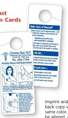 Breast Self Exam Vinyl Plastic Card/ Door Hanger (English)