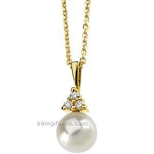 14ky 7mm Cultured Pearl & .06 Ct Tw Round Pendant W/ 18" Cable Chain