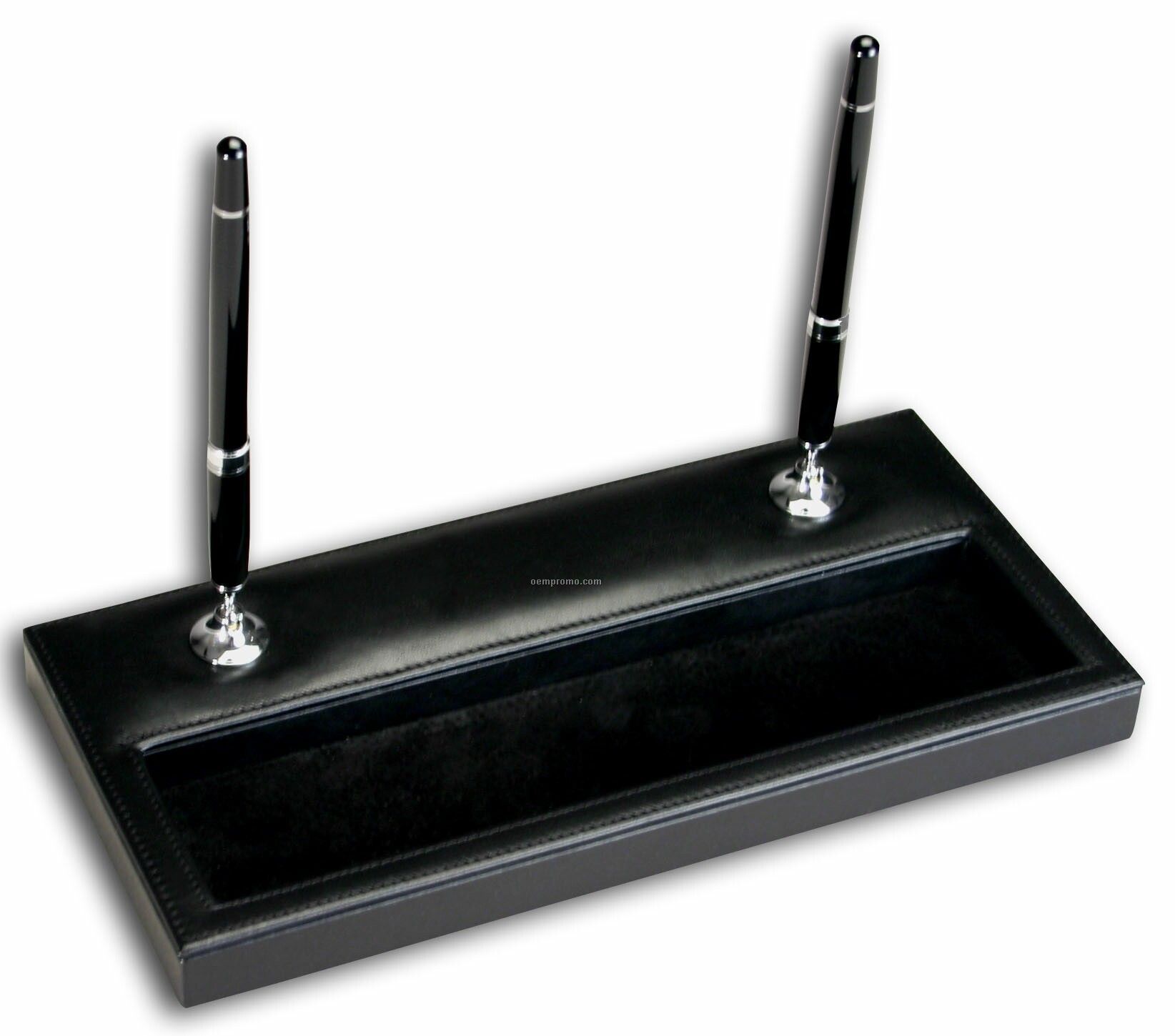 Classic Leather Double Pen Stand - Black W/ Silver Accents