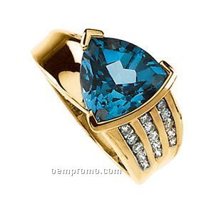 14ky 10x10x10 Genuine Swiss Blue Topaz & 1/4 Ct Tw Diamond Round Ring