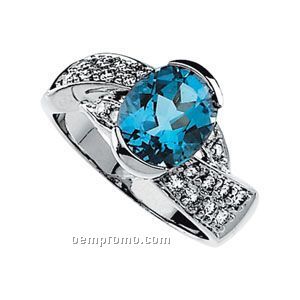 14kw 10x8 Genuine Swiss Blue Topaz & 1/3 Ct Tw Diamond Round Ring