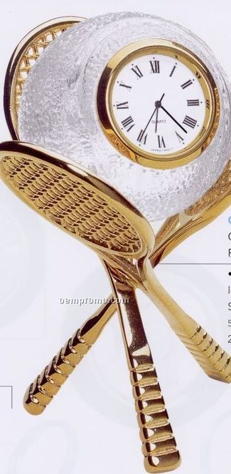 Crystal Tennis Clock W/Gold Plated Racquet Stand