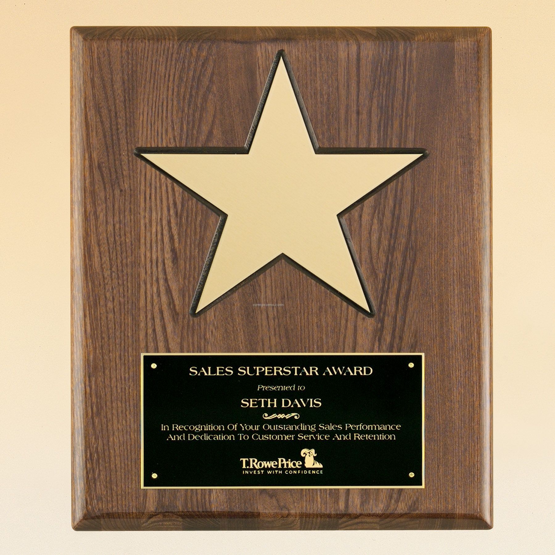 Gold Aluminum 8" Star W/ Black Recessed Area On Walnut Stained